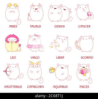 Feline horoscope. Set of zodiac sign character in kawaii style. Cute cats in costume of aquarius, pisces, aries, leo, gemini, taurus, scorpio, sagitta Stock Vector