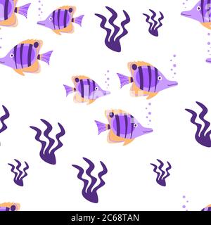 Butterflyfish with seaweed seamless pattern on white background. Exotic underwater creature and laminaria. Flat vector illustration. Stock Vector