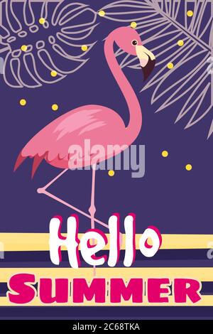 Tropical Flowers and Flamingo Summer Banner, Graphic Background, Exotic Floral Invitation, Flyer or Card. Modern Front Page in Vector Stock Vector