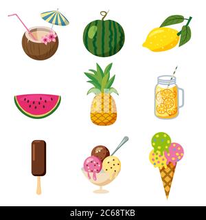 Set of tropical cute summer icons, fruits, ice cream tropical cocktailes cartoon style, isolated Stock Vector