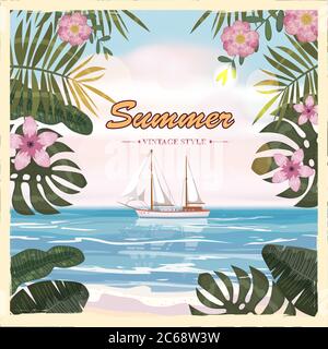 Vintage seaside summer view poster. Seascape, ship, flowers. Vector background, illustrations Stock Vector