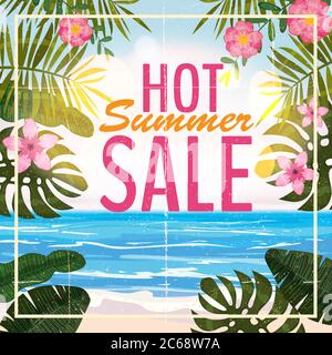 Advertisement about the summer sale on background with beautiful tropical sea beach view, flowers, leaves. Vector illustration. Stock Vector