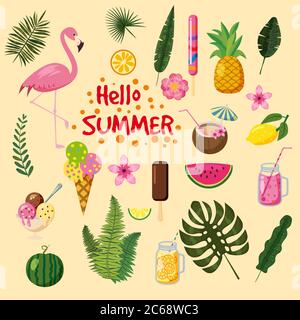 Set of tropical leaves, cute summer icons, ice cream, flamingo bird and tropical flowers, cartoon style, isolated Stock Vector