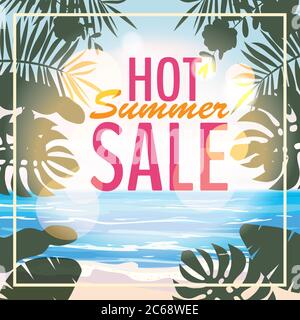 Advertisement about the summer sale on background with beautiful tropical sea beach view, flowers, leaves. Vector illustration. Stock Vector