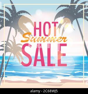 Advertisement about the summer sale on background with beautiful tropical sea beach view, palms. Vector illustration. Stock Vector