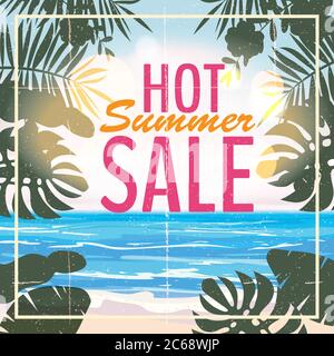 Advertisement about the summer sale on background with beautiful tropical sea beach view, flowers, leaves. Vector illustration. Stock Vector