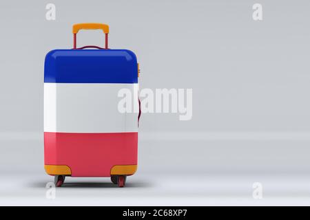 France national flag on a stylish suitcases on color background. Space for text. International travel and tourism concept. 3D rendering. Stock Photo