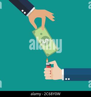 Hand holding money bill and another hand holding lighter. Flat style. Vector illustration Stock Vector