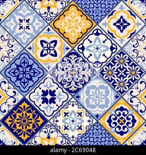 Seamless colorful patchwork in turkish style. Azulejos tiles patchwork. Portuguese and Spain decor. Islam, Arabic, Indian, ottoman motif. Stock Vector