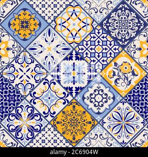 Seamless colorful patchwork in turkish style. Azulejos tiles patchwork. Portuguese and Spain decor. Islam, Arabic, Indian, ottoman motif. Stock Vector