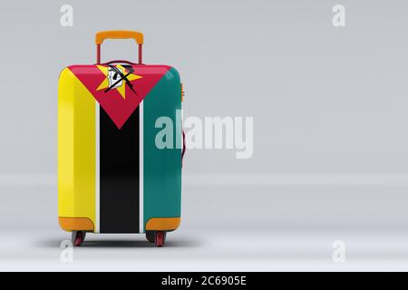 Mozambique national flag on a stylish suitcases on color background. Space for text. International travel and tourism concept. 3D rendering. Stock Photo