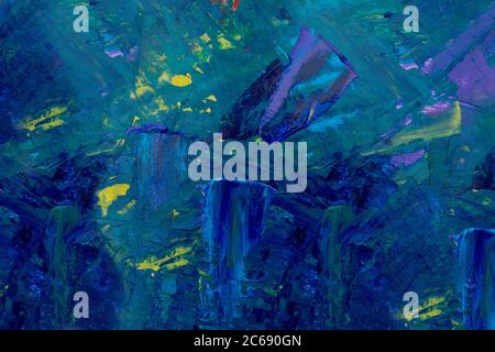 Oil paint mixed. Abstract texture place for text. Blue, yellow, green, purple colors Stock Photo