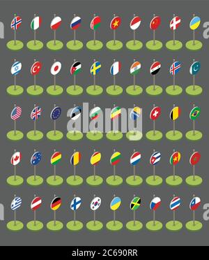 Isometric flags icons in flat style. Simple flags of the countries Stock Vector