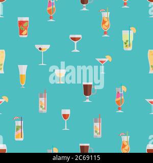Alcohol drinks and cocktails seamless pattern in flat style. Stock Vector