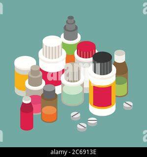 Flat 3d isometric pharmaceutics pharmacy drug web infographics vector illustration Stock Vector