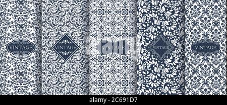 Set of Vintage seamless damask pattern for luxury packaging design. Collection of Elegant vector ornament. Fabric print. Wallpaper, tiles, textile. Stock Vector