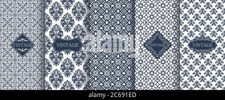 Set of Vintage seamless damask pattern for luxury packaging design. Collection of Elegant vector ornament. Fabric print. Wallpaper, tiles, textile. Stock Vector