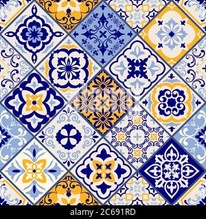 Seamless colorful patchwork in turkish style. Azulejos tiles patchwork. Portuguese and Spain decor. Islam, Arabic, Indian, ottoman motif. Stock Vector