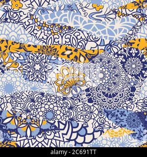 Azulejos tiles patchwork. Seamless colorful patchwork. Majolica pottery tile, blue, yellow azulejo. Original traditional Portuguese and Spain decor Stock Vector