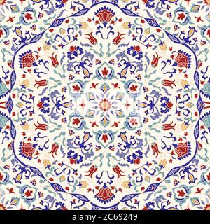 Seamless colorful pattern with Turkish motif. Hand drawn seamless abstract pattern from floral mandala. Majolica pottery tile, blue, yellow azulejo. Stock Vector