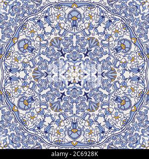 Seamless colorful pattern with Turkish motif. Hand drawn seamless abstract pattern from floral mandala. Majolica pottery tile, blue, yellow azulejo. Stock Vector