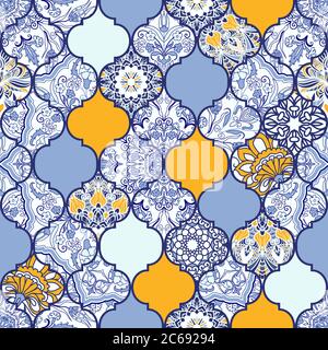 Azulejos tiles patchwork. Hand drawn seamless abstract pattern. Islam, Arabic, Indian, Ottoman motifs. Majolica pottery tile, blue, yellow azulejo. Stock Vector