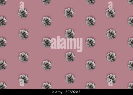 Silver Christmas tree cones on dusty pink backdrop. Christmas and new year pattern. Flat lay style. Stock Photo