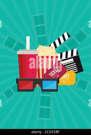 Movie poster template. Popcorn, soda takeaway, 3d cinema glasses and tickets. Cinema design in flat style Stock Vector