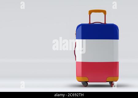 France flag on a stylish suitcases back view on color background. Space for text. International travel and tourism concept. 3D rendering. Stock Photo