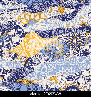 Azulejos tiles patchwork. Seamless colorful patchwork. Majolica pottery tile, blue, yellow azulejo. Original traditional Portuguese and Spain decor Stock Vector
