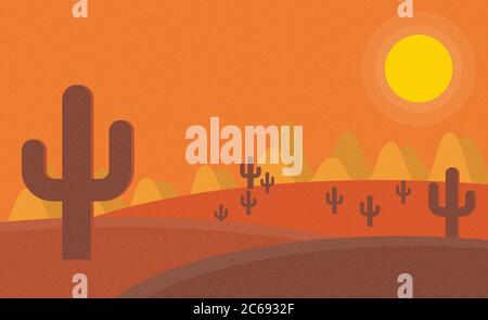 Flat cartoon desert sunset landscape. Background vector illustration. Stock Vector