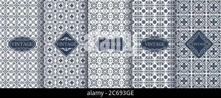 Set of Vintage seamless damask pattern for luxury packaging design. Collection of Elegant vector ornament. Fabric print. Wallpaper, tiles, textile. Stock Vector
