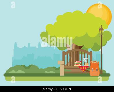 Bench with cup, bag and books under a tree in the park. Flat style vector illustration. Stock Vector