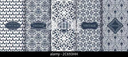 Set of Vintage seamless damask pattern for luxury packaging design. Collection of Elegant vector ornament. Fabric print. Wallpaper, tiles, textile. Stock Vector