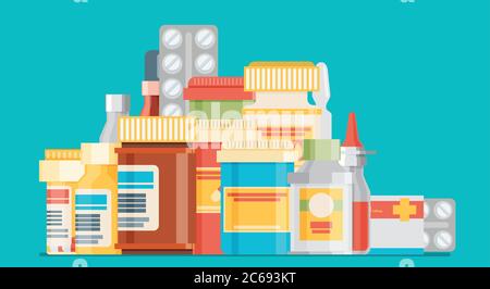 Medicine bottles collection. Bottles of drugs, tablets, capsules and sprays. Vector illustration Stock Vector