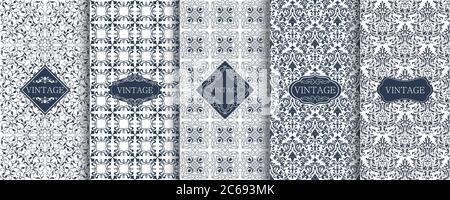 Set of Vintage seamless damask pattern for luxury packaging design. Collection of Elegant vector ornament. Fabric print. Wallpaper, tiles, textile. Stock Vector