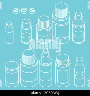 Flat 3d isometric pharmaceutics pharmacy drug line icon set Stock Vector