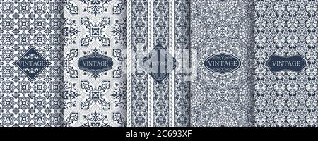 Set of Vintage seamless damask pattern for luxury packaging design. Collection of Elegant vector ornament. Fabric print. Wallpaper, tiles, textile. Stock Vector