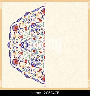 Template greeting card, invitation and advertising banner, brochure with floral hand drawn Mandala. Round colorful floral ornament with turkish motif. Stock Vector