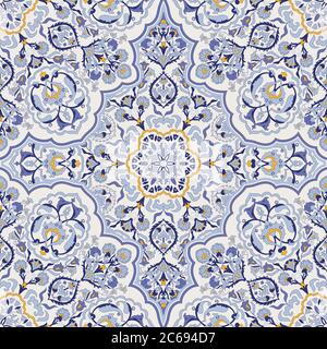 Seamless colorful pattern with Turkish motif. Hand drawn seamless abstract pattern from floral mandala. Majolica pottery tile, blue, yellow azulejo. Stock Vector