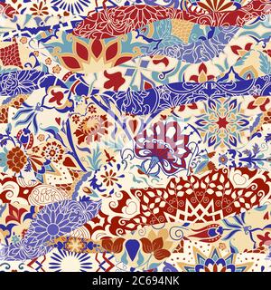 Azulejos tiles patchwork. Seamless colorful patchwork. Majolica pottery tile, blue, yellow azulejo. Original traditional Portuguese and Spain decor Stock Vector