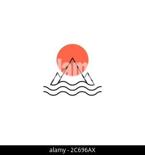 Mountains, lake and sun minimal logo, minimalist line travel icon Stock Vector
