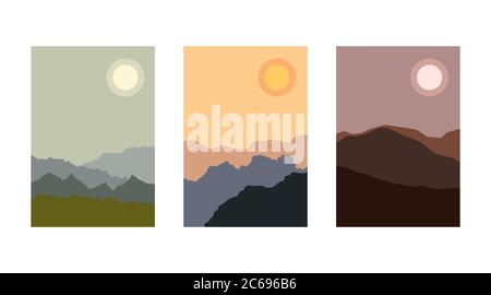 Minimalist mountain landscape, set of banners in japanese style, mountain sunsets and sunrises, vertical nature backgrounds Stock Vector