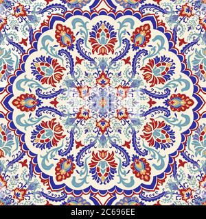 Seamless colorful pattern with Turkish motif. Hand drawn seamless abstract pattern from floral mandala. Majolica pottery tile, blue, yellow azulejo. Stock Vector
