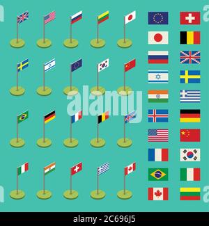 Isometric flags icons in flat style. Simple flags of the countries Stock Vector