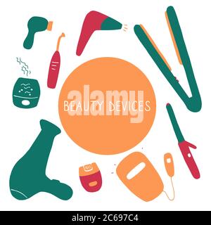 Beauty devices. Skin and hair care techniques. Hand drawn flat vector illustration Stock Vector