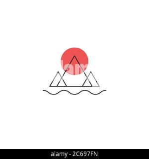 Mountains, river and sun minimal logo, minimalist line travel icon Stock Vector