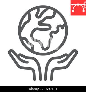 Save the planet line icon, earth and ecology, earth in hands sign vector graphics, editable stroke linear icon, eps 10. Stock Vector