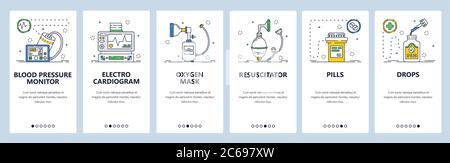 Medical instrument and devices online. Mobile app onboarding screens, vector website banner template Stock Vector
