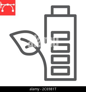 Eco battery line icon, eco energy and ecology, battery with leaf sign vector graphics, editable stroke linear icon, eps 10. Stock Vector